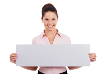 Portrait, business woman and blank banner and smile isolated on transparent, png background. Professional person with mockup paper, board or sign for announcement, information or advertising space