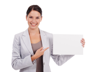 Portrait, business or happy woman with blank banner pointing isolated on transparent png background. Professional person smiling with mockup paper, board or sign for announcement or advertising space