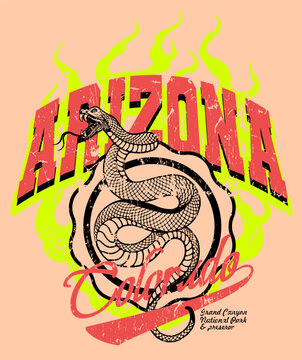 Embracing a vintage aesthetic, this t-shirt boasts a varsity style design with a captivating snake illustration, beautifully integrating Arizona and Colorado elements in its graphic print
