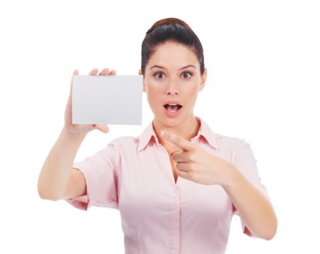 Surprise, woman and pointing at blank business card, isolated on transparent, png background. Wow face of young person with mockup paper in hand for corporate promotion, contact or advertising space