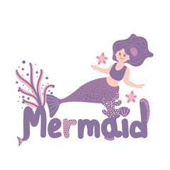 Little mermaid and underwater world. Under water in the sea mythical marine collection. Funny cartoon characters and corals are isolated on white.