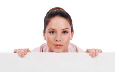 Business woman, face and portrait with billboard for advertising isolated on a transparent PNG background. Female person or employee holding poster, sign or board for advertisement on copy space