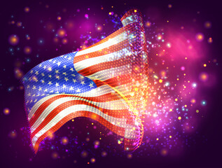 USA, America, vector 3d flag on pink purple background with lighting and flares