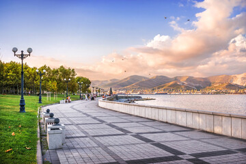 Embankment and sunny port, Blue Black Sea, Admiral Serebryakov Embankment, Krasnodar Territory, Novorossiysk