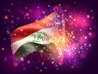 Iraq, vector 3d flag on pink purple background with lighting and flares