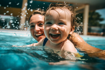 child playing in the pool together with mother.  - obrazy, fototapety, plakaty
