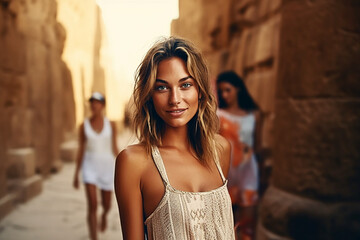 Fototapeta premium Blonde woman walking in an egypt temple. Tourism and vacation in summer. Travelling poster.
