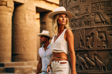 Blonde fit woman with hat at an egypt temple. Tourism and vacation in summer. Travelling poster. - obrazy, fototapety, plakaty