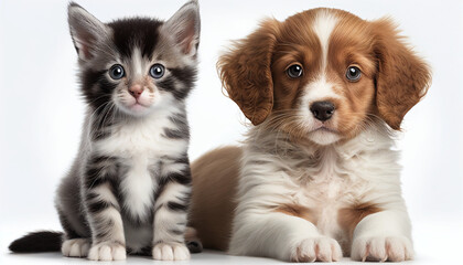 A kitten and a puppy sit together on a white background, Generative AI