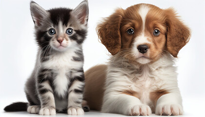 Obraz premium A kitten and a puppy sit together on a white background, Generative AI