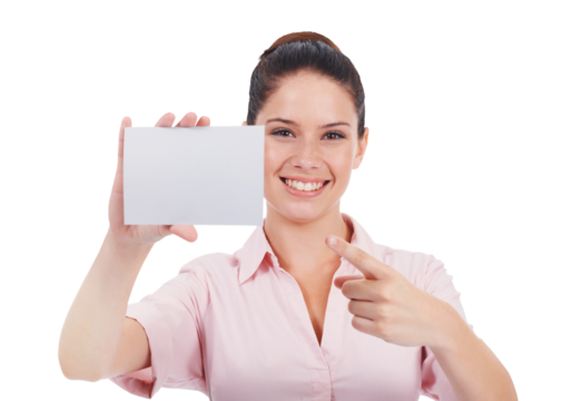 Pointing finger, business card and a woman with advertising space isolated on transparent, png background. Happy person with mockup paper in hand as corporate advice, contact us or brand announcement