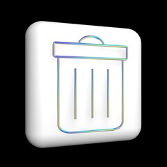Icon design, trash can sign, square 3D icon on a white cube, iridescent metallic outline with sequins.