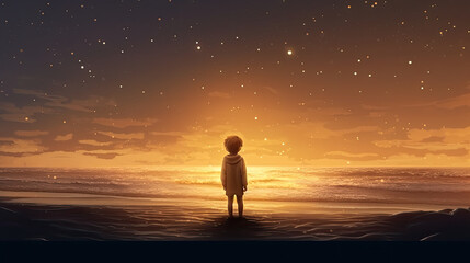 A child looking at the stars on the beach, in the style of light amber and gold , Generative AI	
