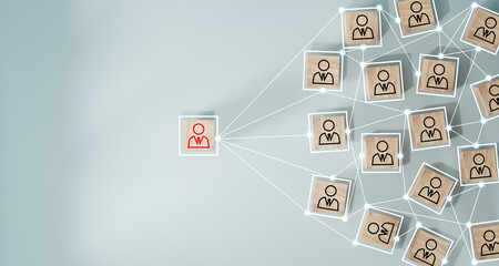 Wooden cube block print screen person icon which link connection network for organisation structure...