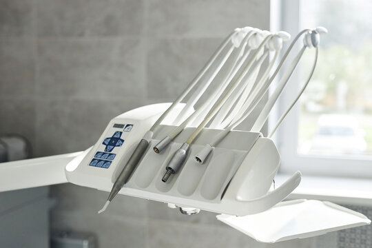Closeup background image of tools set in modern dentists office, copy space