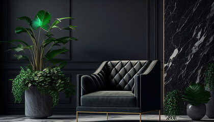 Modern living room with sofa, A contemporary living area including a plant and a chair on black marble, Generative AI