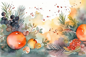 Obraz na płótnie Canvas Watercolor background with fir branches, berries and oranges. Hand drawn illustration. Generative ai