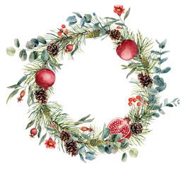 Fototapeta na wymiar Christmas wreath composition. Watercolor decor with fir branches, cones, oranges, mandarins, plums, pomegranates and berries. Eucalyptus branches. Fruit composition isolated on white background.