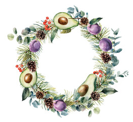 Christmas wreath composition.  Watercolor decor with fir branches, cones, oranges, mandarins, plums, pomegranates and berries. Eucalyptus branches. Fruit composition isolated on white background.