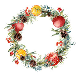 Christmas wreath composition.  Watercolor decor with fir branches, cones, oranges, mandarins, plums, pomegranates and berries. Eucalyptus branches. Fruit composition isolated on white background. © Antonina Rushkina