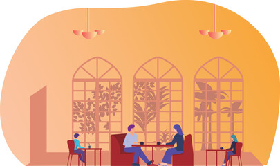 People eating in cafe. Cartoon characters sitting at cafe tables and having tea. Vector illustration for cafe or restaurant interior concept