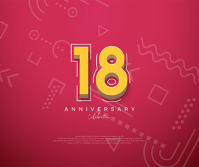 18th Anniversary with a cartoon design with a clean red background. Premium vector for poster, banner, celebration greeting.