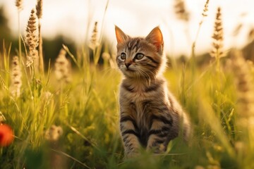 Obraz premium Cute kitten enjoying the field at golden hour