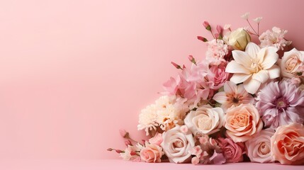 Obraz na płótnie Canvas A pink floral arrangement with copy space on light rose color background