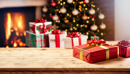 Christmas gifts on wooden desk and blurred background of fireplace and xmas tree. Free space for your decoration. Generative AI
