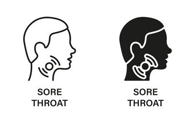 Sore Throat Line and Silhouette Icon Set. Painful Sore Throat Symbol Collection. Male Head with Symptoms of Angina, Flu, Cold Pictogram. Isolated Vector illustration