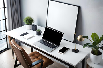 Minimal office desk workspace top view with digital tablet white screen mockup