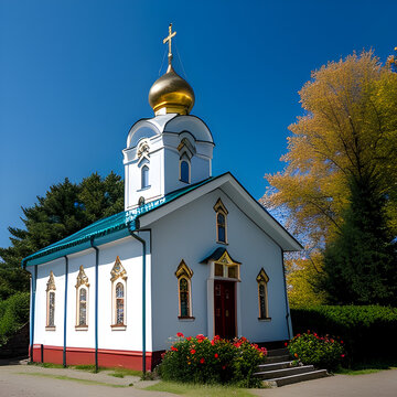 white with golden domes church in Russia. Temple of the Russian Orthodox Church. generative AI