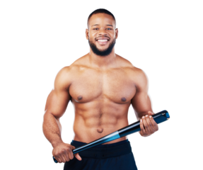 Isolated bodybuilder man, topless and baseball bat in portrait with smile by transparent png background. Happy African athlete, softball player and sports for fitness, health and wellness for games