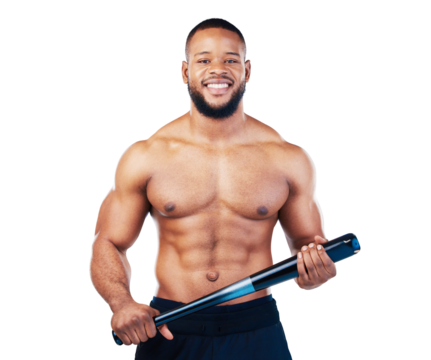 Isolated bodybuilder man, topless and baseball bat in portrait with smile by transparent png background. Happy African athlete, softball player and sports for fitness, health and wellness for games