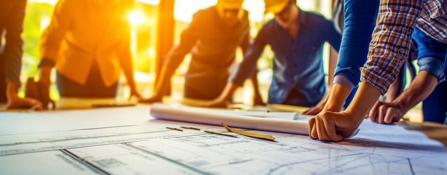 Architects And Engineers Discussing At Table. Person's Engineer Hand Drawing Plan On Blue Print. Teamwork And Workflow Construction Concept.	