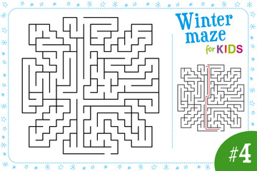 Winter labirynth like snowflakes. Maze puzzle for kids with solution. Vector.
