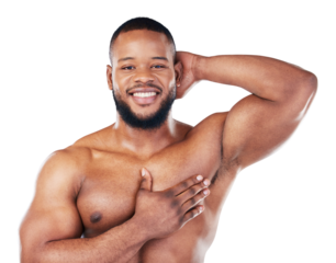 Black man, armpit and body hygiene, beauty in portrait and grooming isolated on transparent png background. Skin, smile and clean African male model with skincare, natural cosmetics and dermatology
