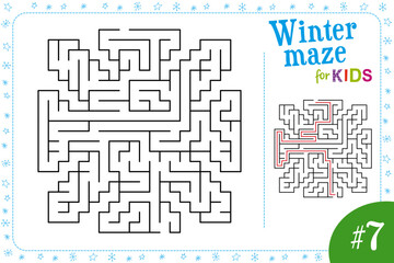 Winter labirynth like snowflakes. Maze puzzle for kids with solution. Vector.
