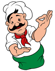 Chef from a Pizzeria in a White Cap with a Green Apron  - Colored Cartoon Illustration Isolated on White Background, Vector