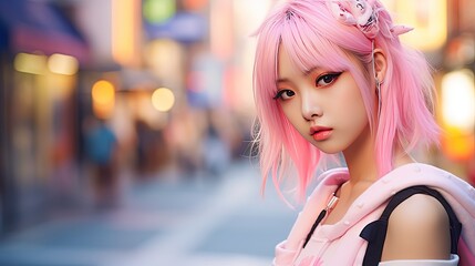 cute Asian girl dress in causal clothes walking on street, Generative Ai