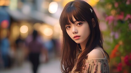 Obraz premium cute Asian girl dress in casual clothes with bokeh light, Generative Ai