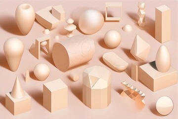 Three-dimensional abstract geometric figures on a beige background, Generative Ai