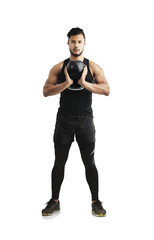 Portrait, training and kettlebell with an athlete man isolated on a transparent background for...