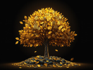 Money tree gold coin tree has coins fall on ground