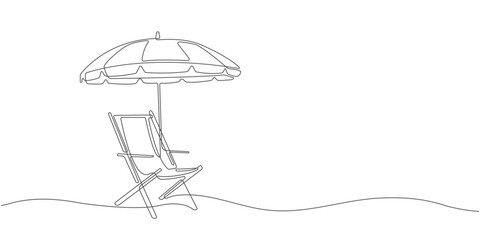 Summer vacation on the beach. Beach umbrella and sunbed one line drawing.Vector illustration .