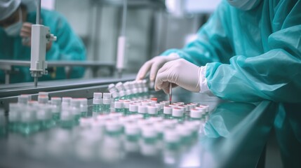 Hand with sanitary gloves check Medical vials on production line at pharmaceutical factory, Pharmaceutical machine working pharmaceutical glass bottles production line. Generative AI