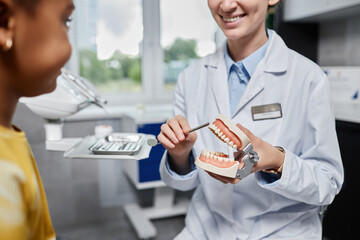 Closeup of friendly woman dentist holding tooth model and explaining dental hygiene to little girl,...