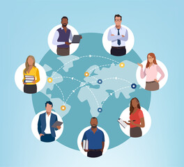 Network. Global Business. Illustration of a business team and world map. Business illustration