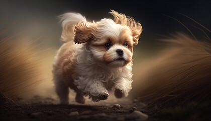 Yorkshire terrier puppy, Little Maltipu puppy is posing while running, Generative AI