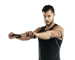 Fitness, stretching and portrait of a man with resistance band isolated on a transparent, png background. Serious male athlete person, bodybuilder or aesthetic model exercise, training and workout